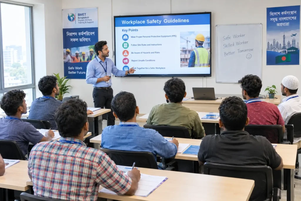 Bangladeshi migrant workers attending pre-departure orientation training before Saudi Arabia deployment. Saudi Arabia Recruitment from Bangladesh