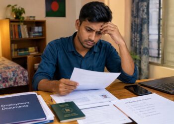 Bangladeshi job seeker reviewing documents before applying for Saudi Arabia job