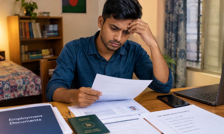 Bangladeshi job seeker reviewing documents before applying for Saudi Arabia job