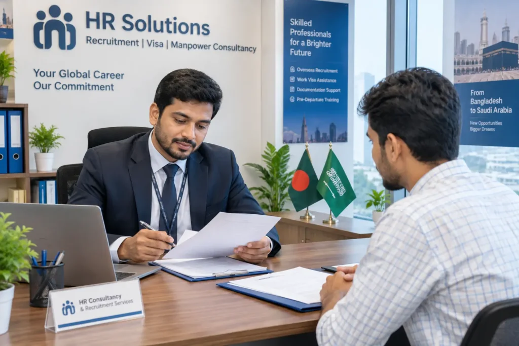 Saudi Arabia Recruitment from Bangladesh. HR consultancy in Bangladesh reviewing Saudi Arabia recruitment documents with job candidate